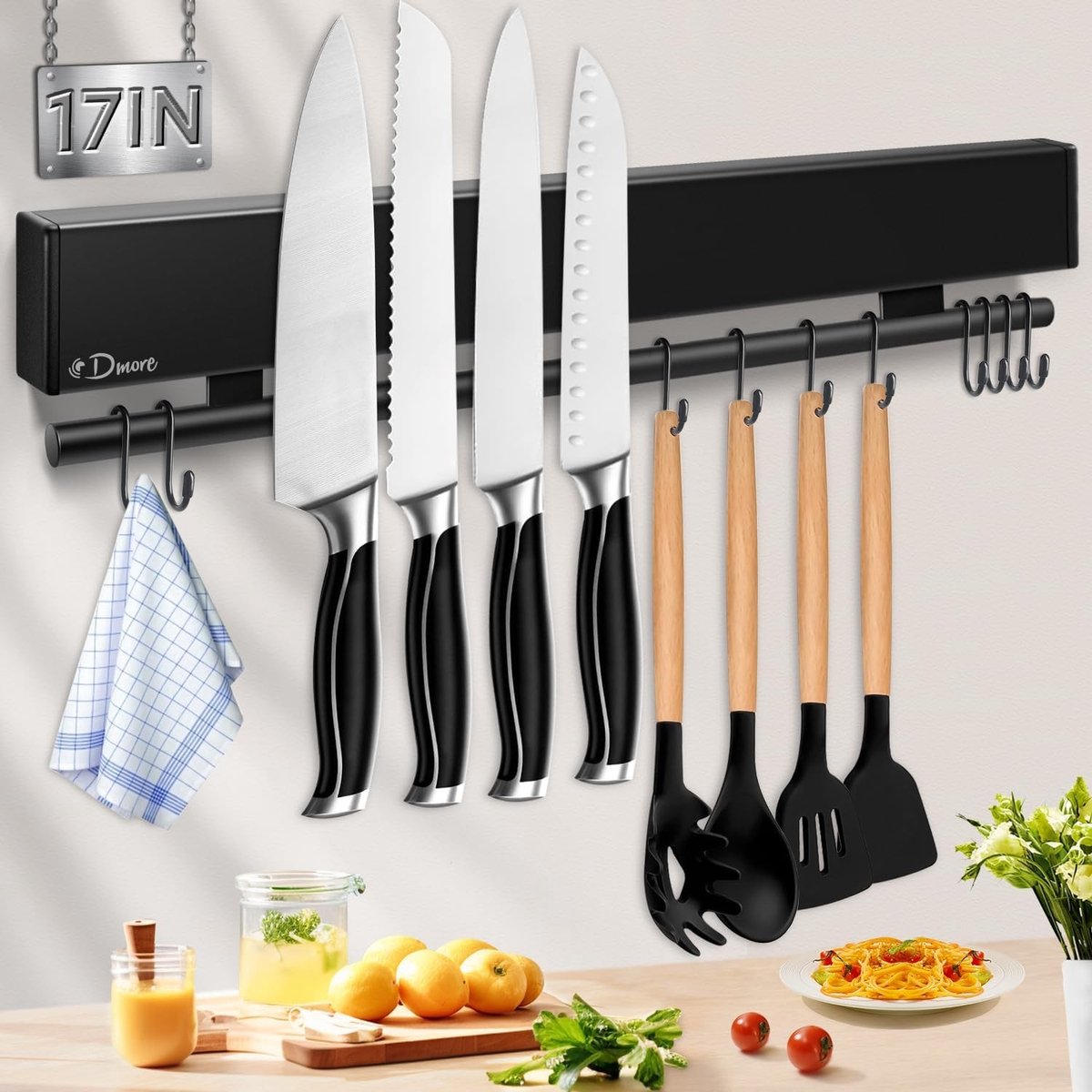 Magnetische Messenhouder - Zwart - 59 cm - Roestvrijstalen Messenblok met Haken - Voor Keuken