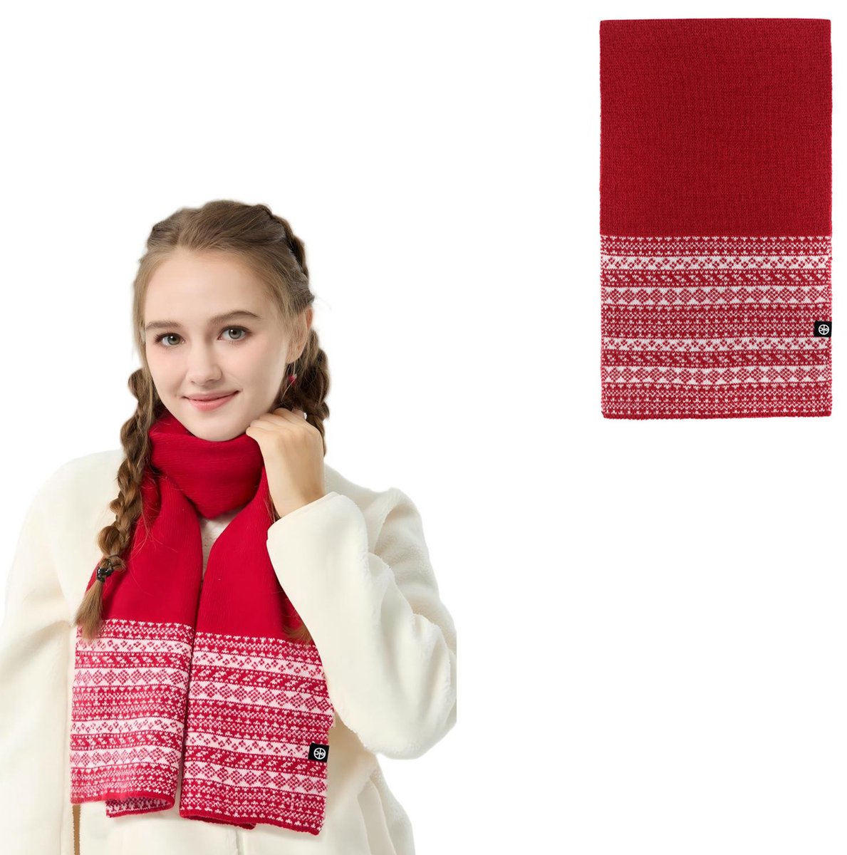 Gebreide Sjaal Dames Winter – Rode Fair Isle Sjaal met Jacquard Patroon – Warme Nekwarmer – Zacht & Dik Gebreid – Engelse Vintage Stijl – Voor Herfst & Winter – 1 stuk