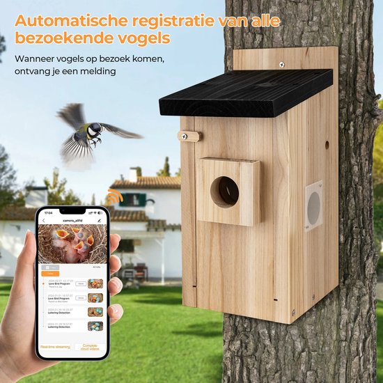 Archi Slim Vogelhuisje met 5MP Camera - Beveiliging - Bewegingsdetectie & Nachtzicht - Live Beelden via App - Massief Grenenhout — afbeelding 3