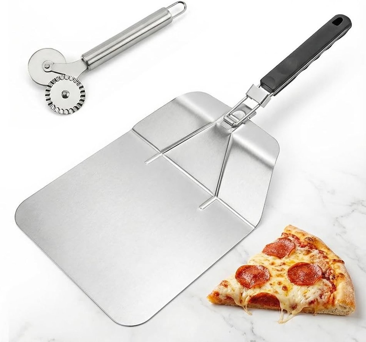 Edelstaal Pizzaschep van Roestvrij Staal – Geperforeerde Pizzaschep met Opvouwbare Handgreep – Multifunctioneel Deegwiel voor Oven, BBQ, Pizzabereiding Thuis
