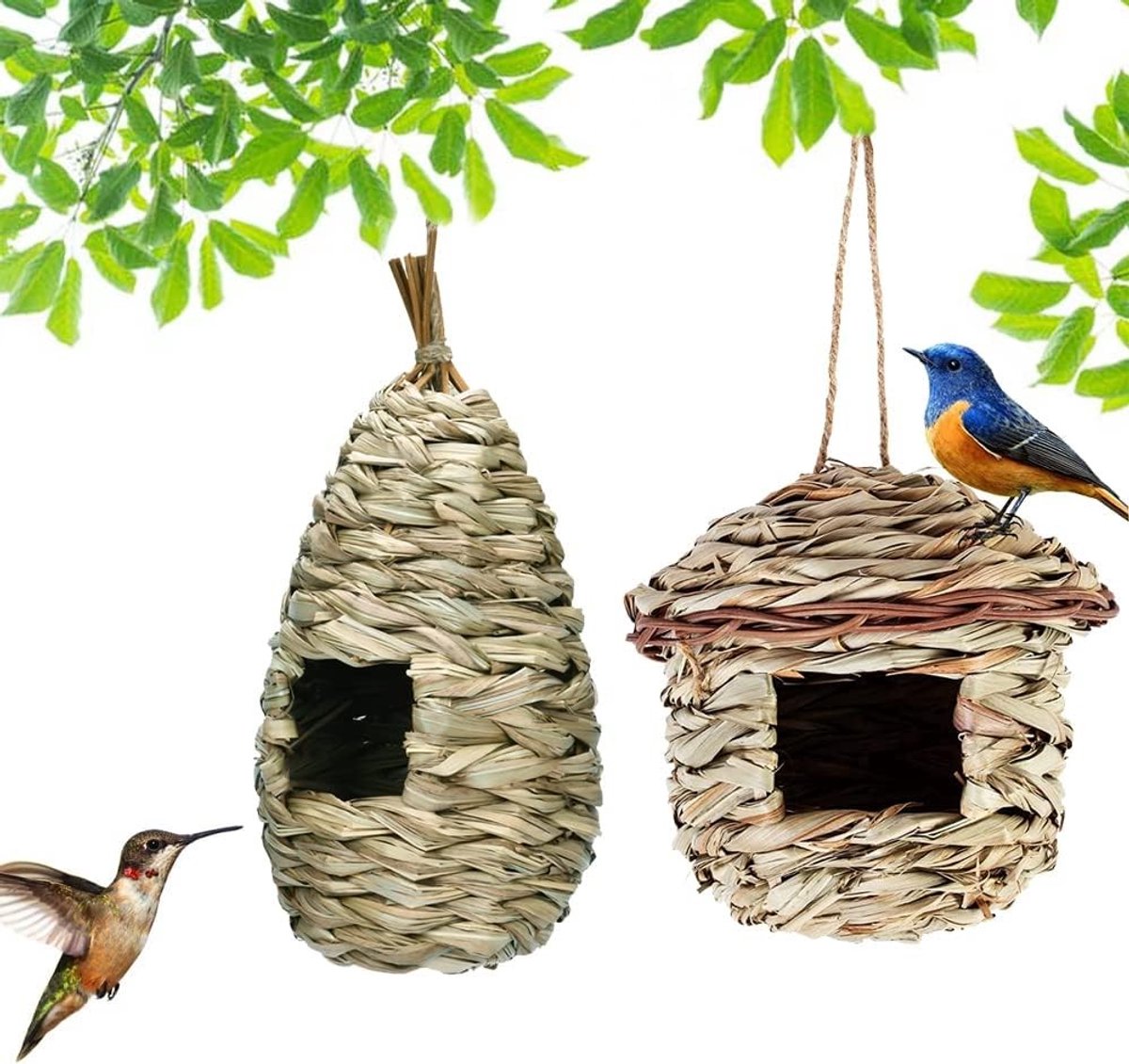 Vogelnestkast - Natuurlijk Gras - Voor Kleine Vogels - Handgevlochten Vogelhuis voor Buitengebruik