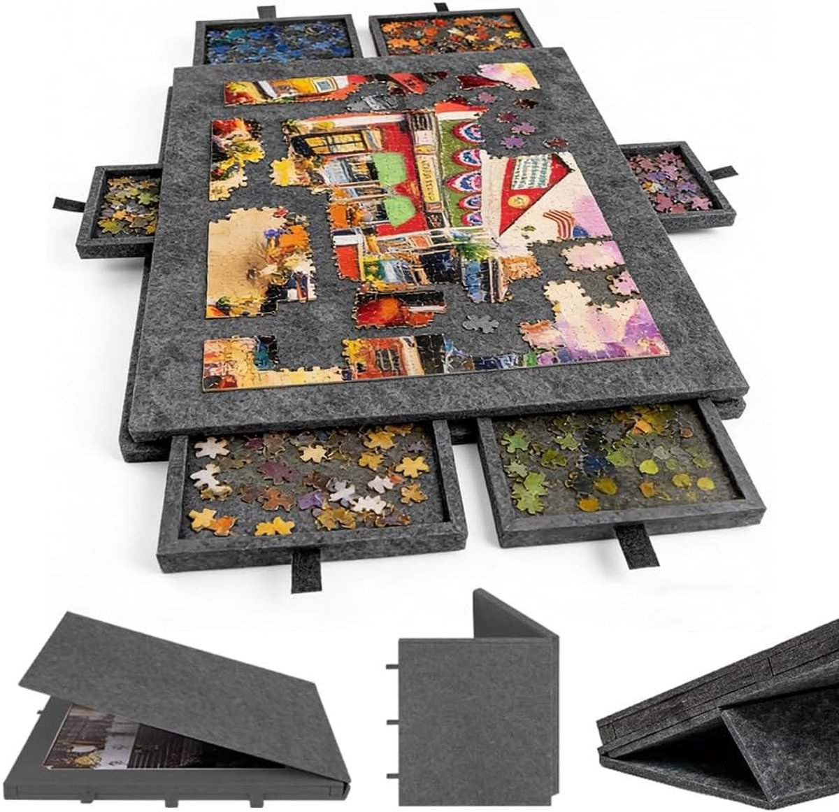 Kantelbare Puzzeltafel - Zwart - 52 x 78 cm - Lichtgewicht Vilten Puzzelbord met 6 Laden - Voor Volwassenen