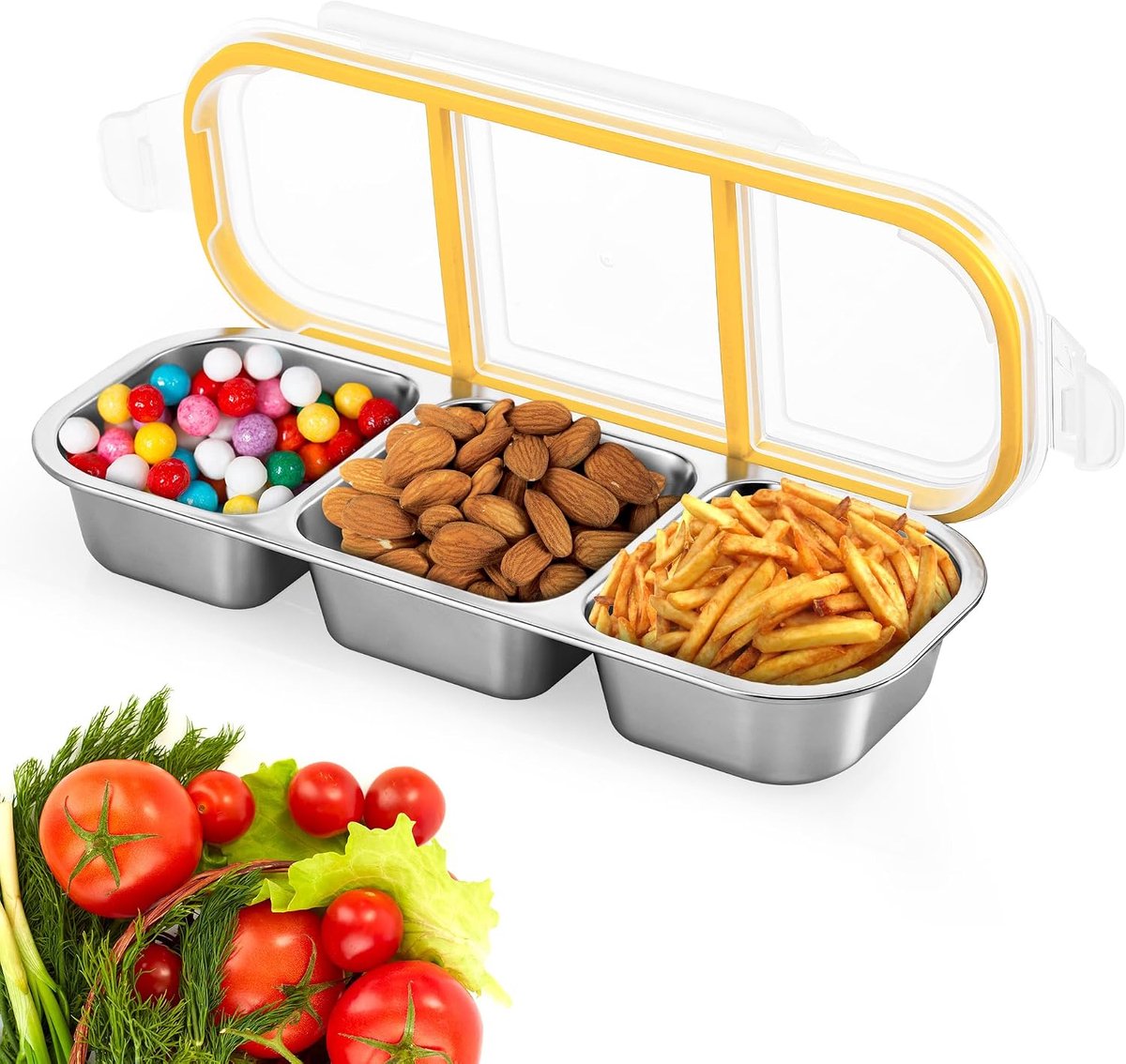 QTTVBTNA – RVS Lunchbox met Vakken – Bento Box met Deksel en Snackvakken – Broodtrommel voor School, Werk, Picknick en Camping – Meal Prep Bewaardoos