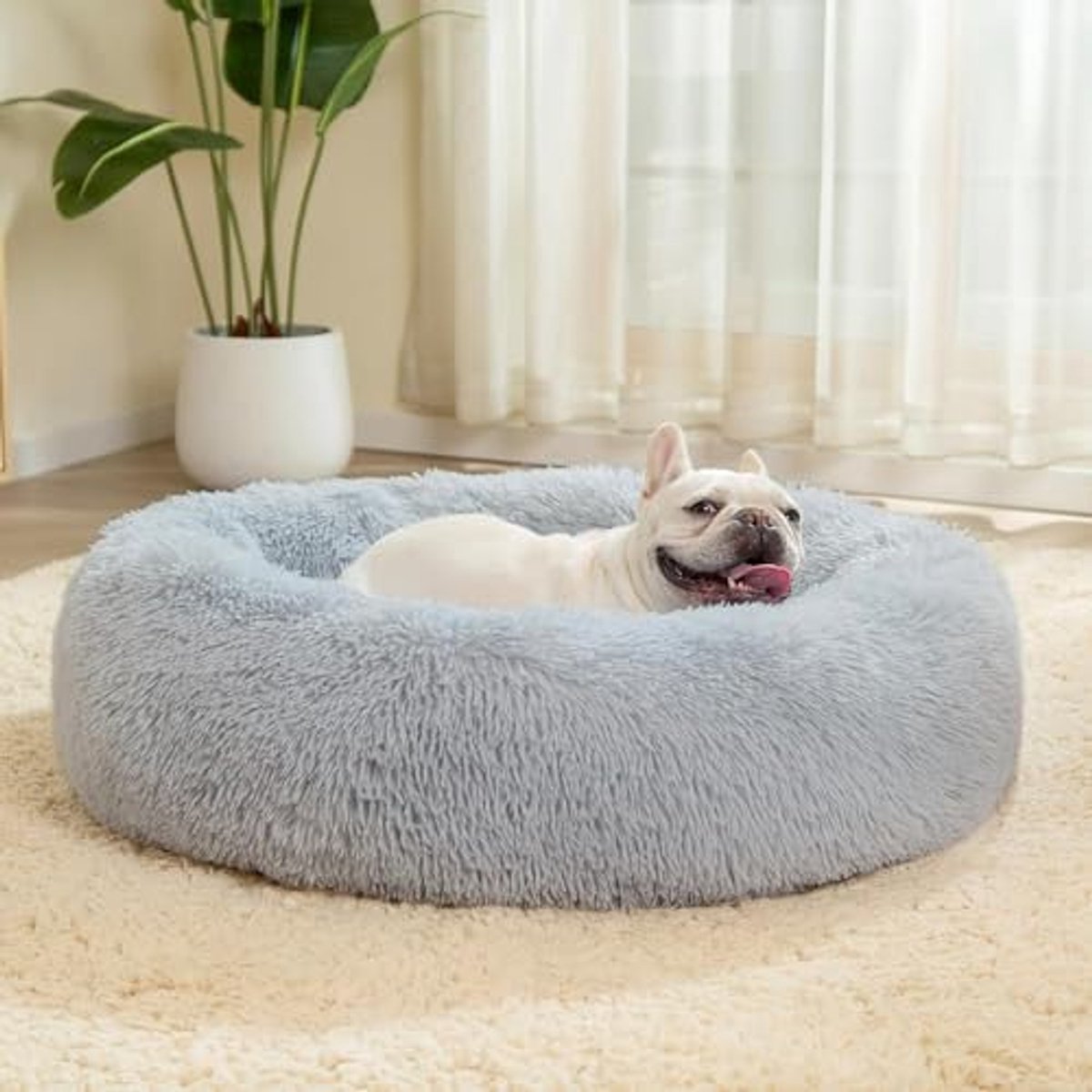 Hondenbed 50 cm – Rond Donut Hondenkussen – Zacht en Wasbaar – Met Antislip Bodem – Voor Kleine, Middelgrote en Grote Honden – Lichtgrijs