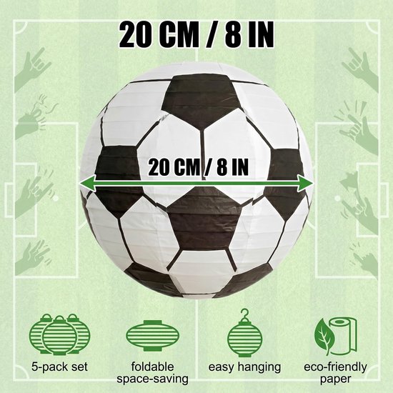 Set van 5 voetbal lampions 20 cm - Hängdecoratie voor kinderfeestjes en sportevenementen — afbeelding 2