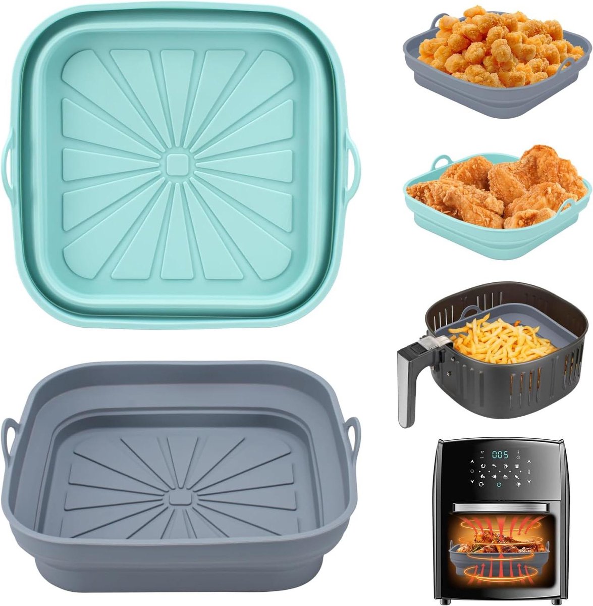Airfryer Siliconen Pot - Mand Liners Herbruikbaar - Hygiënisch Bakken - Opvouwbaar Ontwerp - 21 cm - Blauw Grijs