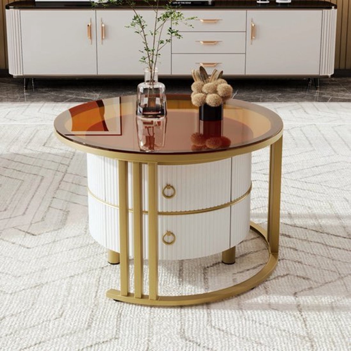 Salontafel – Bijzettafel – Woonkamertafel – 2-in-1 Tafel – MDF En Dennenhout – Glazen Blad – Opberglade - Wit
