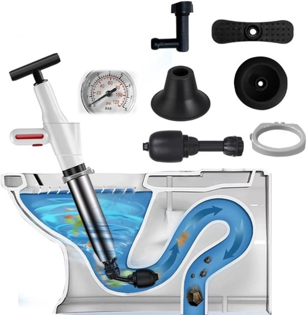 Hogedruk Afvoerreiniger Set - Hogedruk Afvoerreiniger - Pomp met luchtdrukweergave - Samengeperste luchtpomp met 4 accessoires - Universele buizenreiniger voor toilet - wastafel en douche