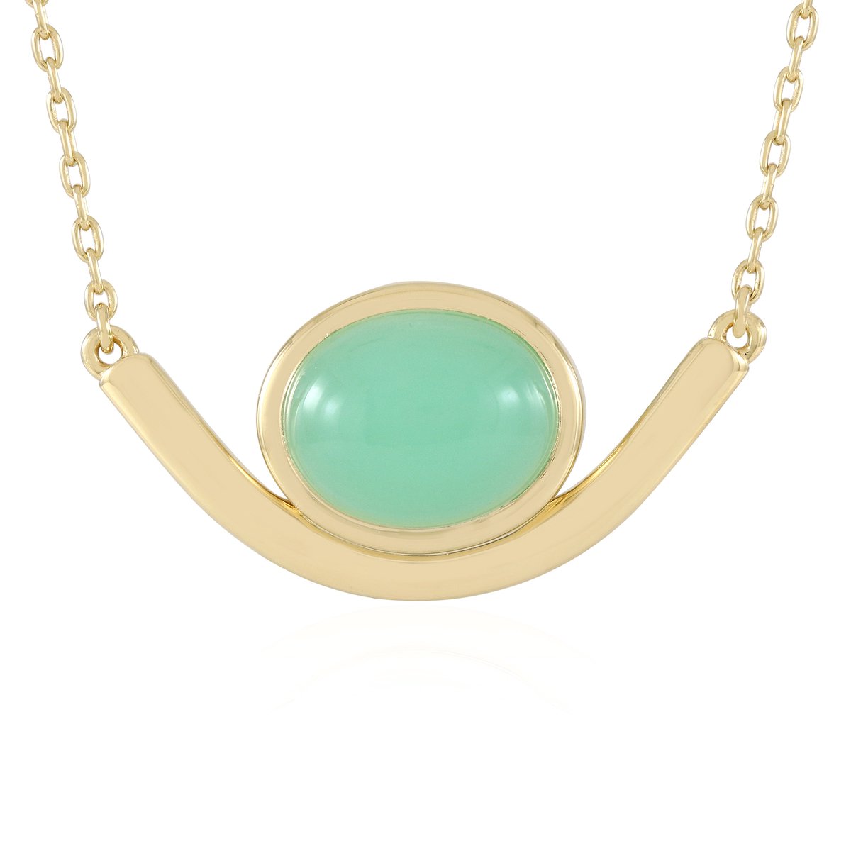 Cavill - 925 Sterling Zilver Vergulde Ketting - 2,7 ct Braziliaanse Ovale Chrysopraas Cabochon - Elegante Bezel Hanger - Tijdloze Sieraden