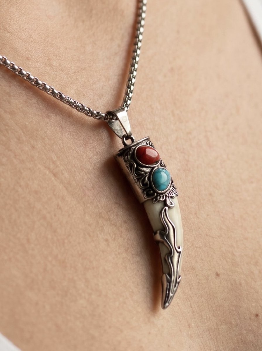 Anelplus Unisex Ketting met Tandhanger – Vintage Boho Design – RVS Halsketting met Turquoise en Rode Steen – Cadeau voor Dames en Heren