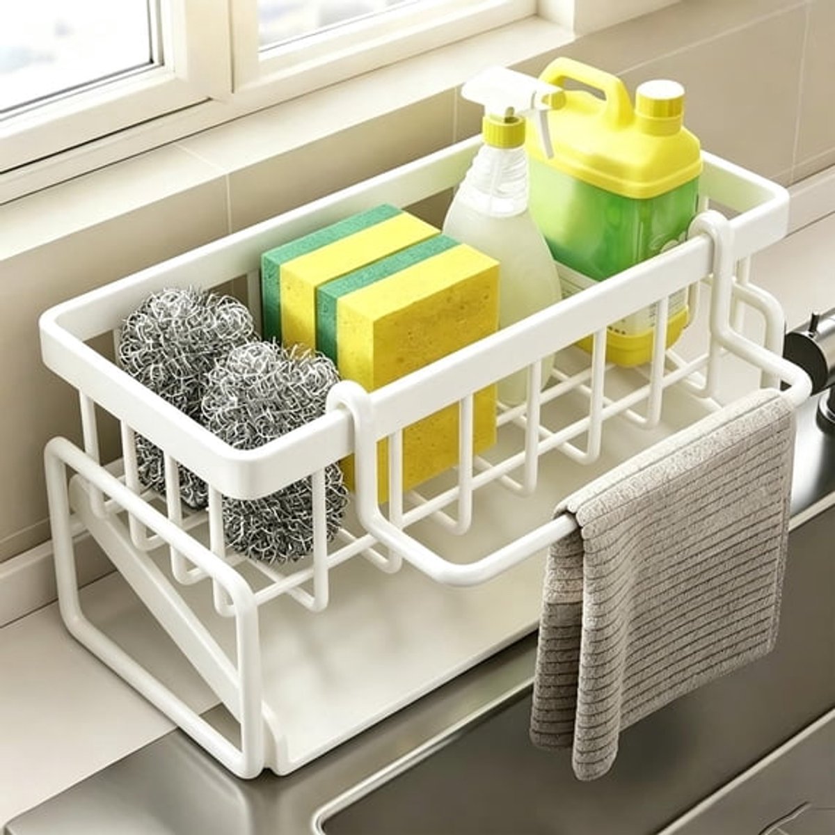 Ulisem - Gootsteen Opbergrek Met Schuin Lekbak - 23*11*9 cm - Van ABS Kunststof - Roestbestendig - Sponshouder En Theedoekhouder - Multifunctioneel Keuken Opbergrek - Voor Aanrecht Gootsteen Badkamer - Ruimtebesparend - Eenvoudig Te Reinigen - Wit
