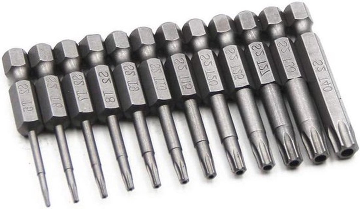 Schroevendraaierbitset - 11 stuks - 1/4 inch Hex - S2 staal - 75 mm lang - Torx bits - Geschikt voor schroevendraaiers - Zwart