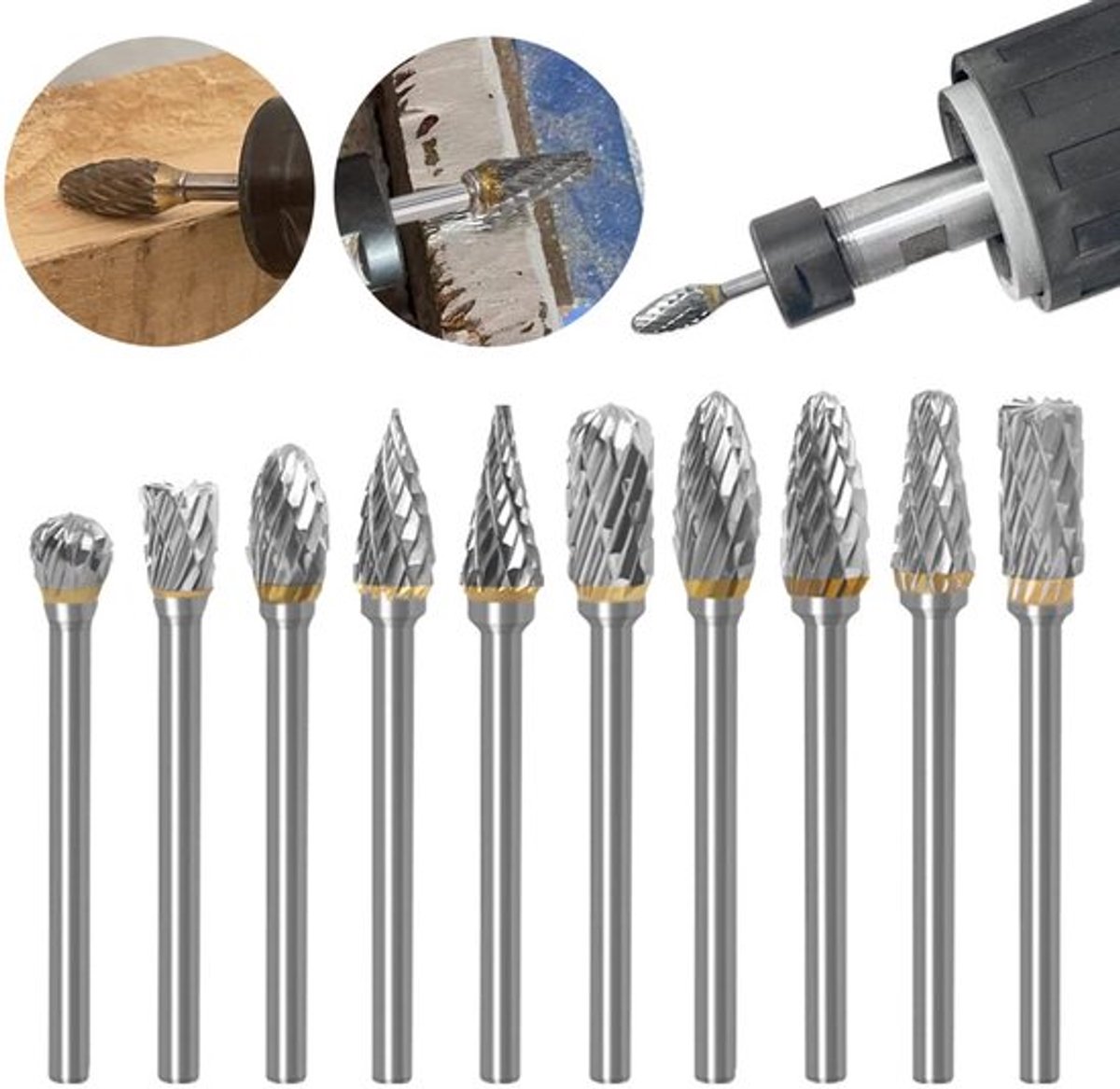 10-delige roterende snijset - snijgereedschap - carbide-staal - solide twistboor - slijpkop voor Dremel-rotatietools - houtbewerking - graveren - boren