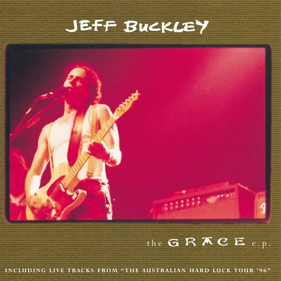 Jeff Buckley met gitaar op een rood verlicht podium, "the GRACE e.p."