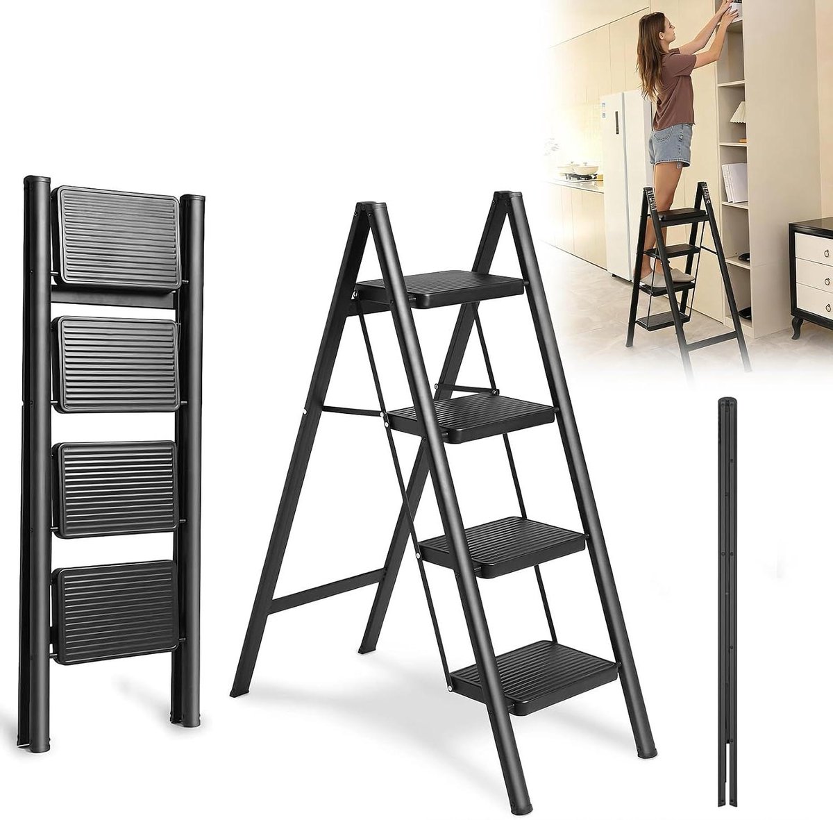 Trapladder met leuningen - Vouwladder opstapje - Veilig klussen - Met handleuningen - 4 stappen - Zwart