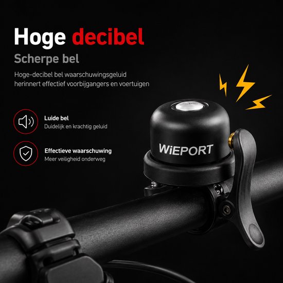 Zwarte fietsbel met zilveren knop en bliksemschichten, met tekst "Hoge decibel".