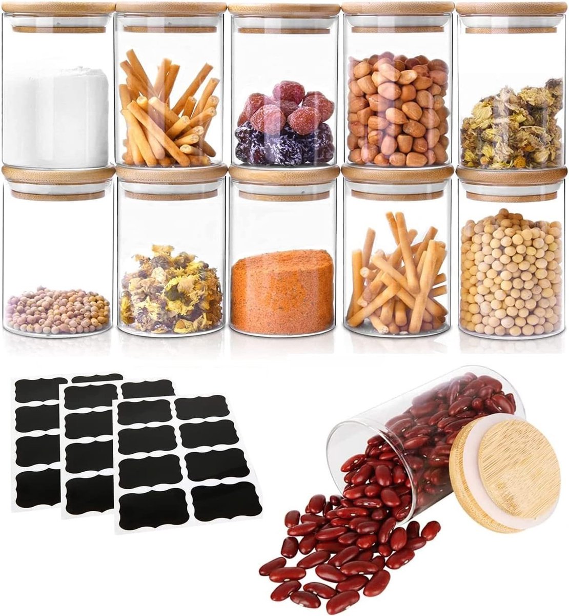 Set van 12 Glazen Bewaarcontainers van 250 ml met Deksel - Ronde Jars voor Koffie, Thee, Koekjes en Noten - Ideaal voor Keukenopslag en Organisatie