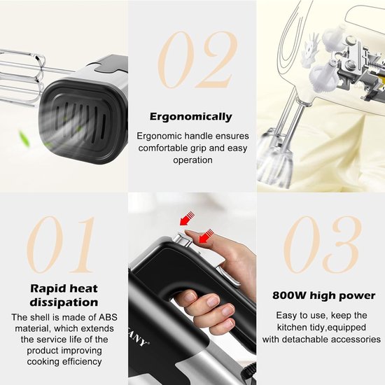 Handmixer - Wit - 800 W - Elektrische Mixer met 5 Snelheden en Accessoires - Voor Bakken en Slagroom Mengen — afbeelding 5