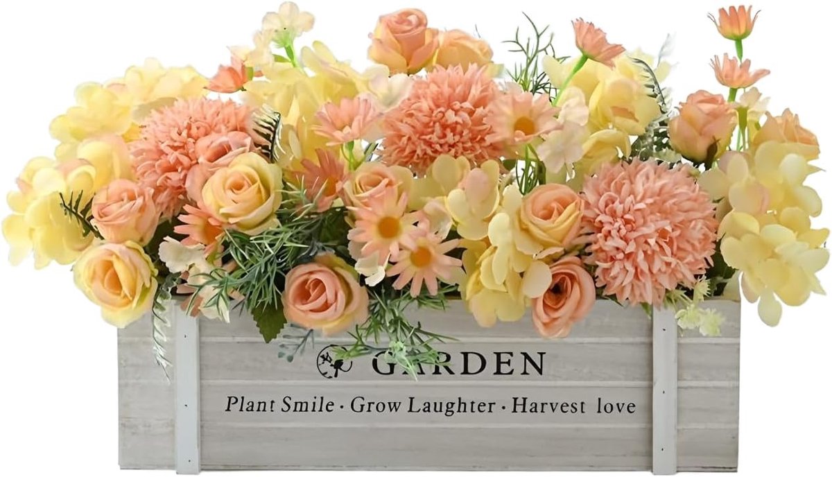 Kunstbloemen, kunstbloemenarrangement in rustieke houten pot, kant-en-klaar middelpunt met rozen en hortensia, voor - ShopVlot