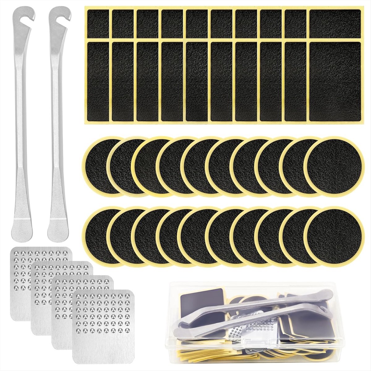Complete Fietsband Reparatie Kit met 46 Stuks - Lijmloze Zelfadhesieve Patches, Metalen Rasp en Bandenhendels voor Noodreparaties aan Alle Fietsen