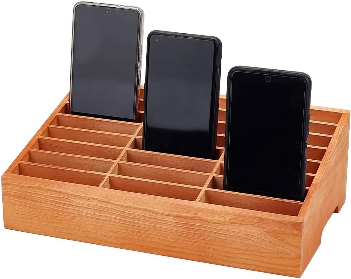 Houten Opbergdoos voor Mobiele Telefoons met 24 Vakjes, Ideaal voor Klaslokalen en Kantoororganisatie, Multifunctionele Telefoonhouder voor Docenten en Studenten