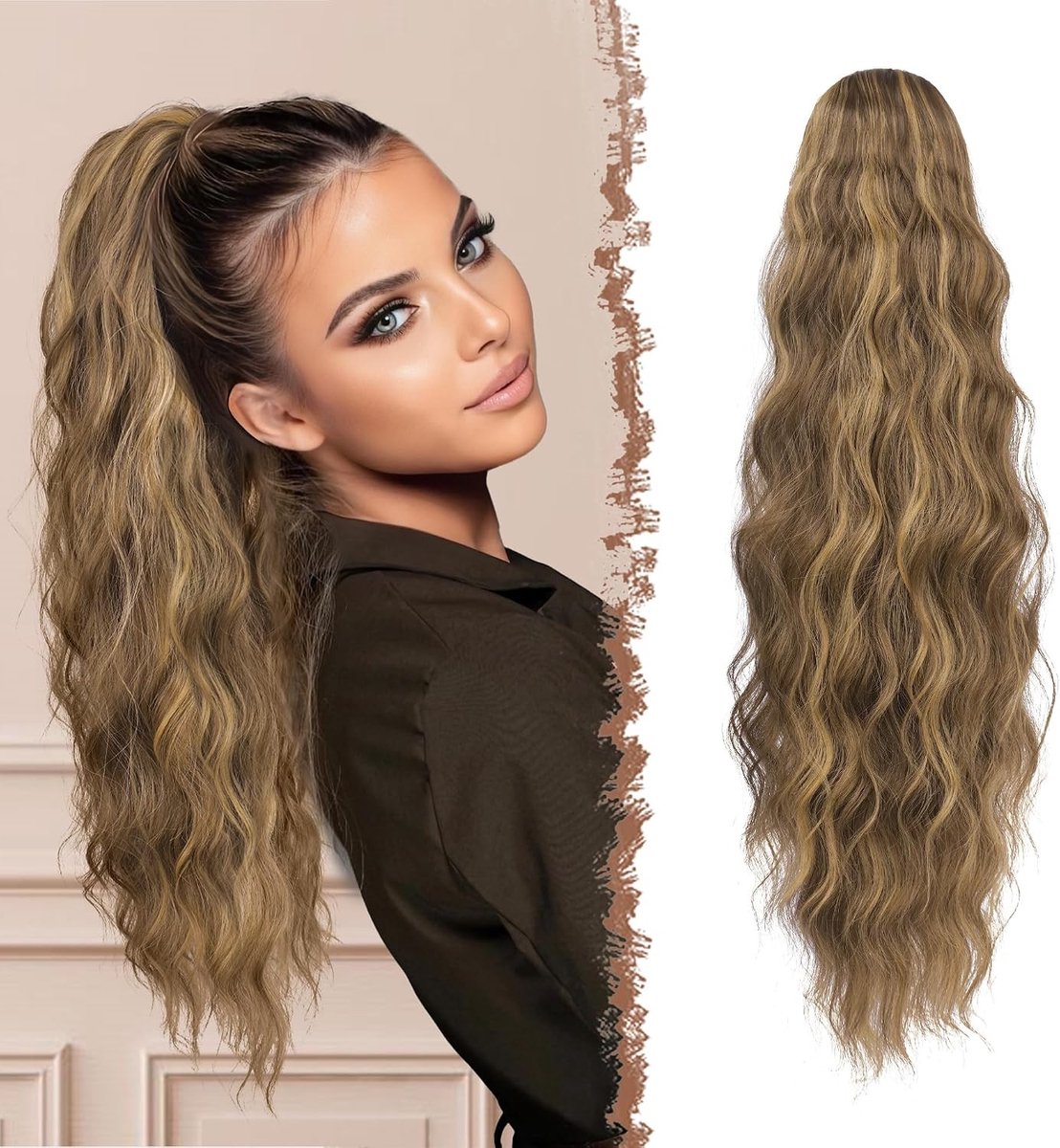 Lang Haarstuk met Kam - Krullende en Golvende Ponytail Extensie van Synthetisch Haar voor Vrouwen - 60cm Honingblond met Lichtbruin, Perfect voor Een Feestelijke Look en Dagelijks Gebruik