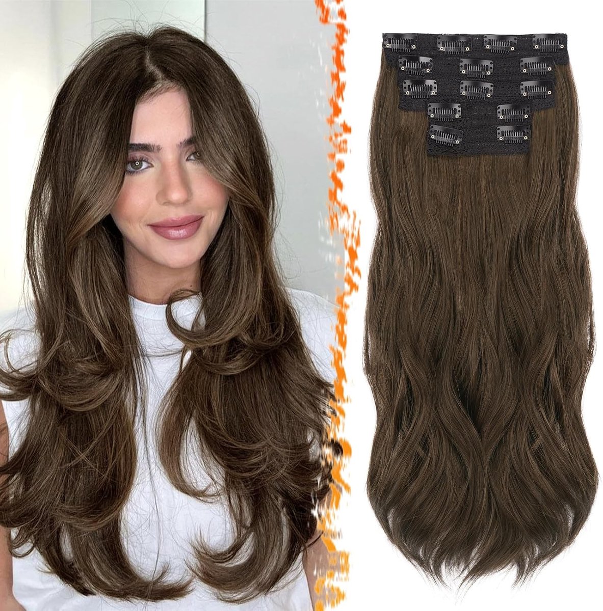 Klip-in Haarextensions 50cm, 5 Stuks Golvende Haarsystemen voor Dikker, Natuurlijke en Synthesische Haarstukken in Bruin