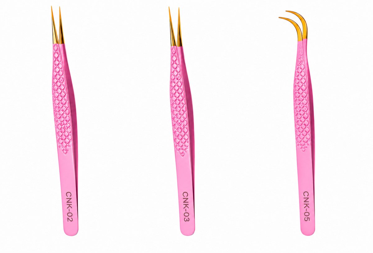 Wimper Pincetten Set 3-Delig – Professionele Lash Pincetten voor One by One – Isoleren & Plaatsen – Roze/Goud
