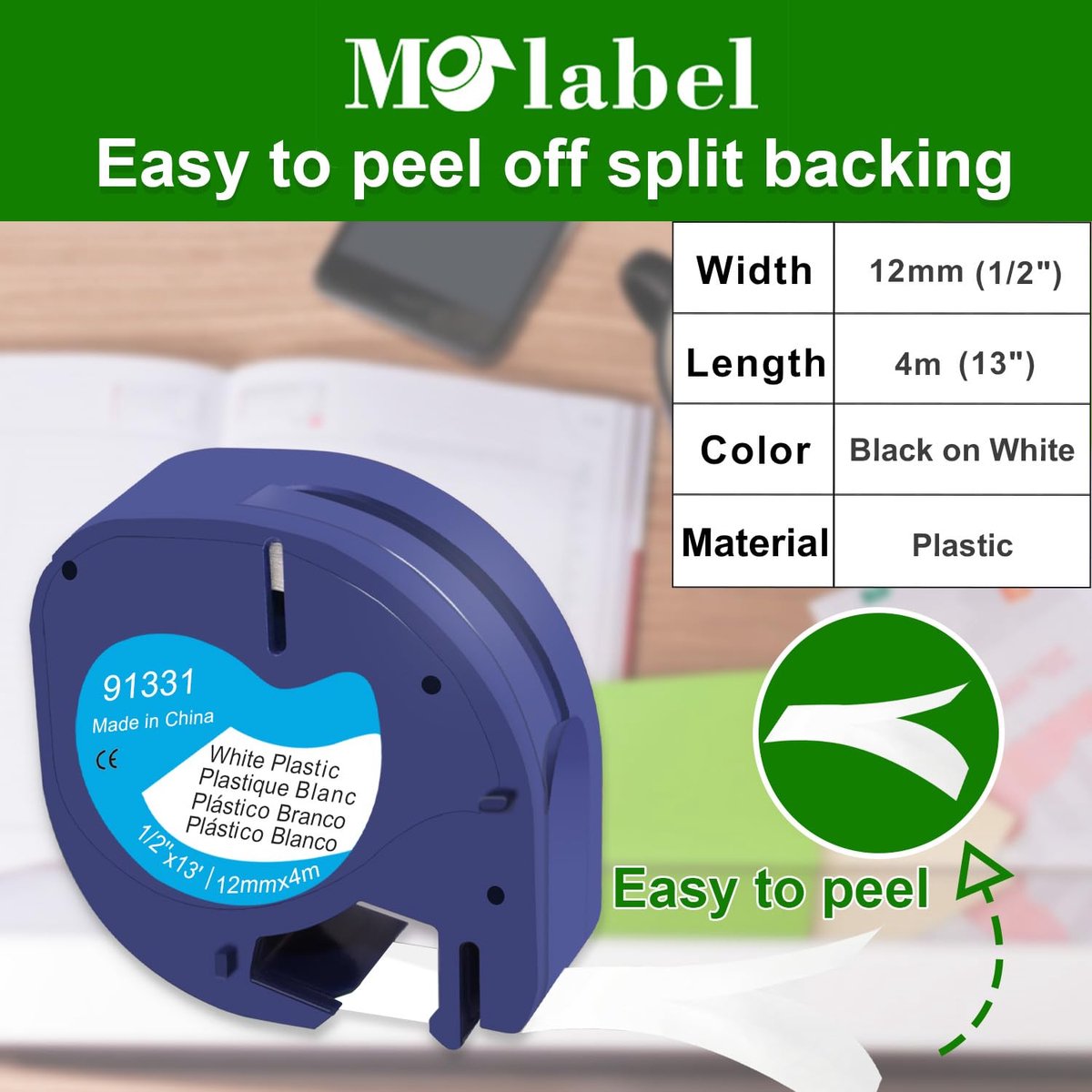 Thermische labels 12 mm x 4 m - zwart op wit - kunststof - perfect voor Letratag - ShopVlot
