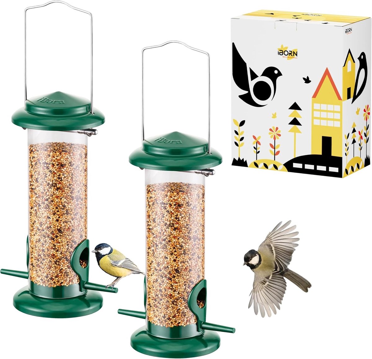 Hangende Voederhuisjes voor Kleine Vogels Buiten, Metaal, Set van 2, Groen - Ideaal voor Tuin, Vogelvoeding en Tuinieren