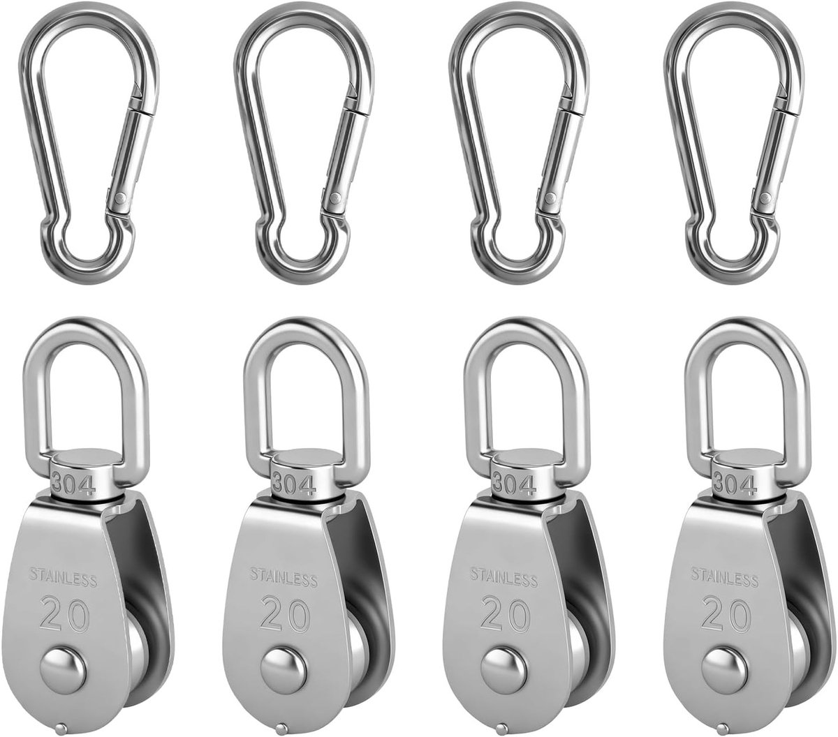Umlenkrol Set van 8 Stuks, Rvs Kabelrollen met Kogellager en Haken, Belastbaarheid 75 kg, Roestvrij, Veilig en Geschikt voor Kabellieren, Fitness en Zonwering