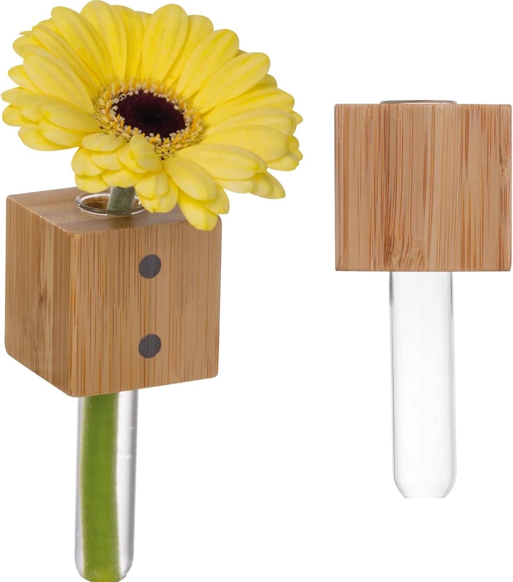 Magnetische mini-bloemenvaas set van 2 - bamboe en glas - koelkastmagneet vaas voor bloemen - ShopVlot