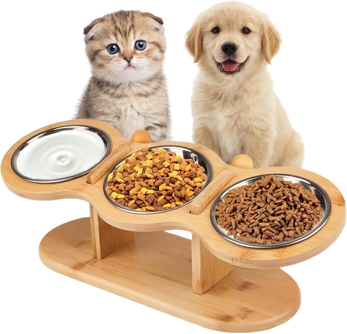 Verhoogd Voerstation voor Katten met 3 RVS Schalen, Verstelbare Hoogte en 15° Hellingshoek voor Comfortabel Eten