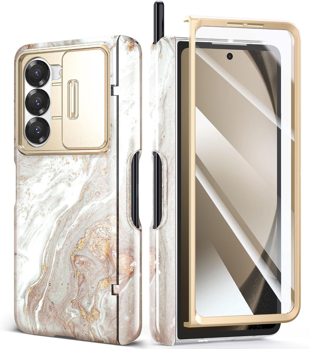 Beschermende hoes voor Samsung Galaxy Z Fold 6 met S Pen houder, camera cover en schermbeschermer, marmer anti-kras design