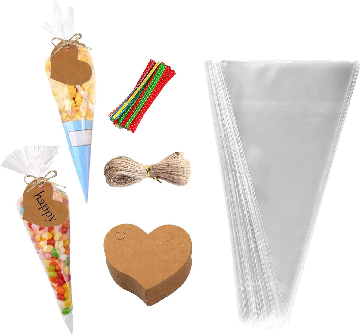 100 transparante cellofaan zakjes van 25x13cm met 100 twist ties en cadeau-tags voor snoep, chocolade en koekjes, perfect voor bruiloften en feestjes