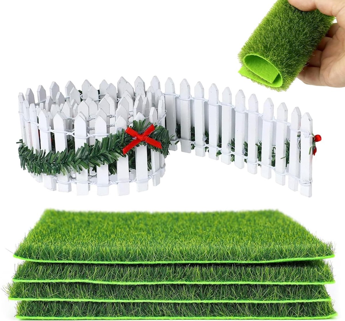 Kunstgras voor Miniatuurtuinen - 4 Stuks, Decoratieve Gnome Hek, Miniatuur Tuinaccessoires, Kunstgras en Tuinornamenten