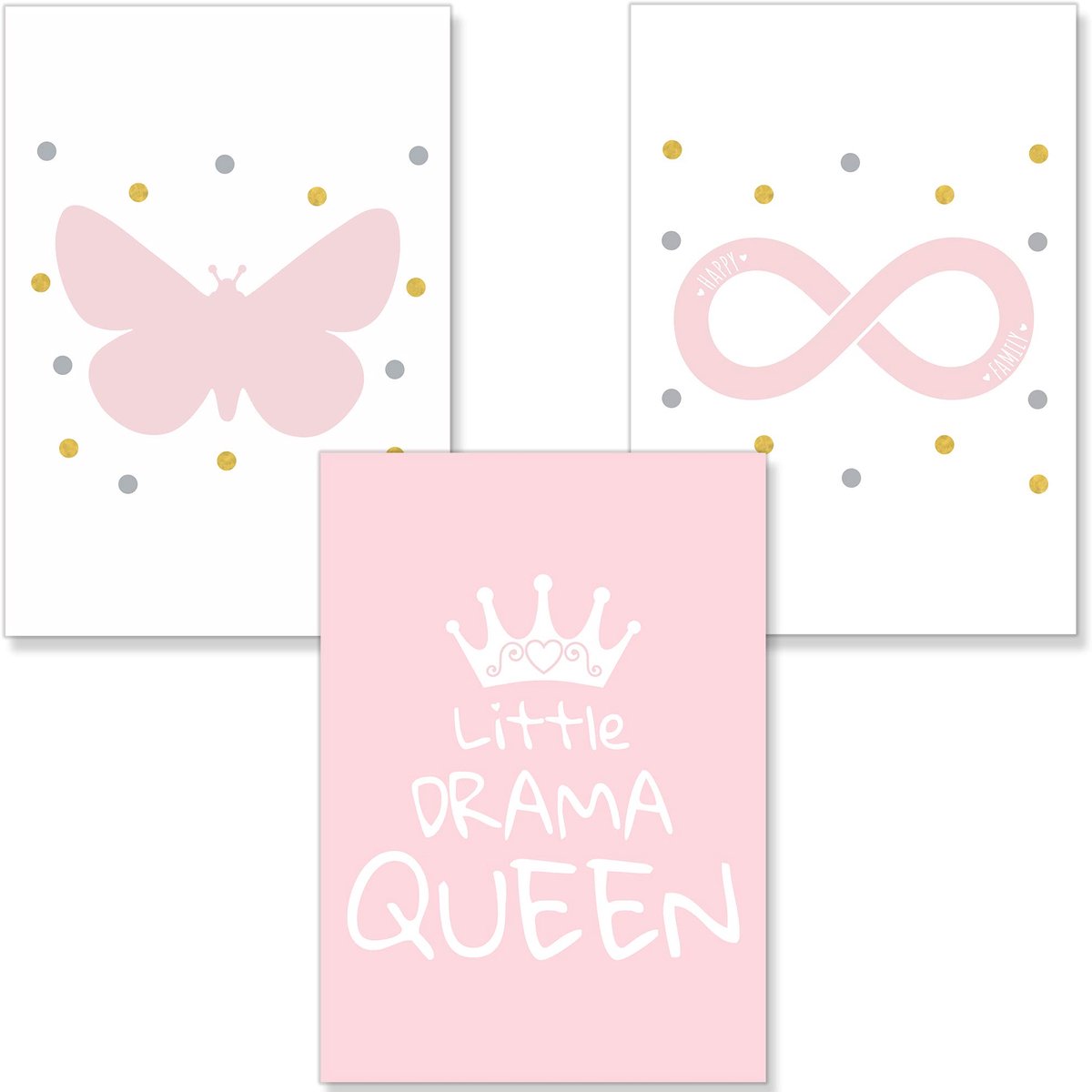 Posterset kinderkamer decoratie meisjes - A4 wandafbeeldingen - vlinder roze - sfeervolle babykamer - ShopVlot