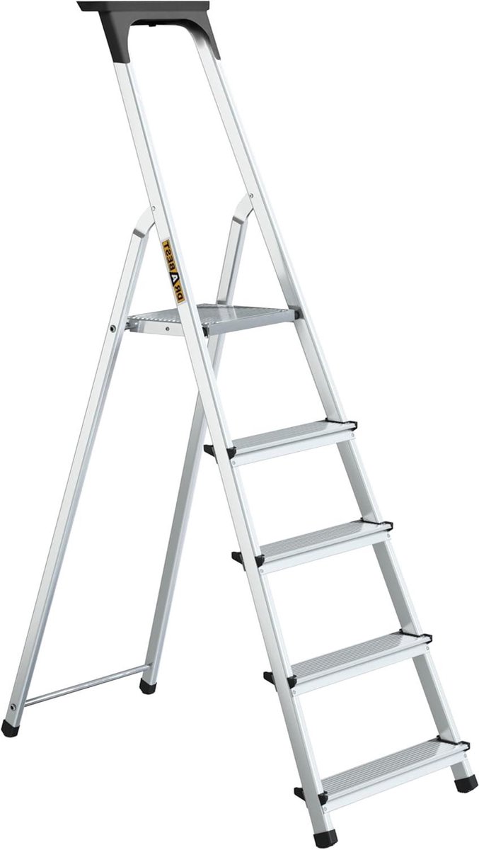 Huishoudladder - Klapladder Aluminium - Klusjes Binnenshuis - Met Opbergruimte - 5 Treden - Zilver