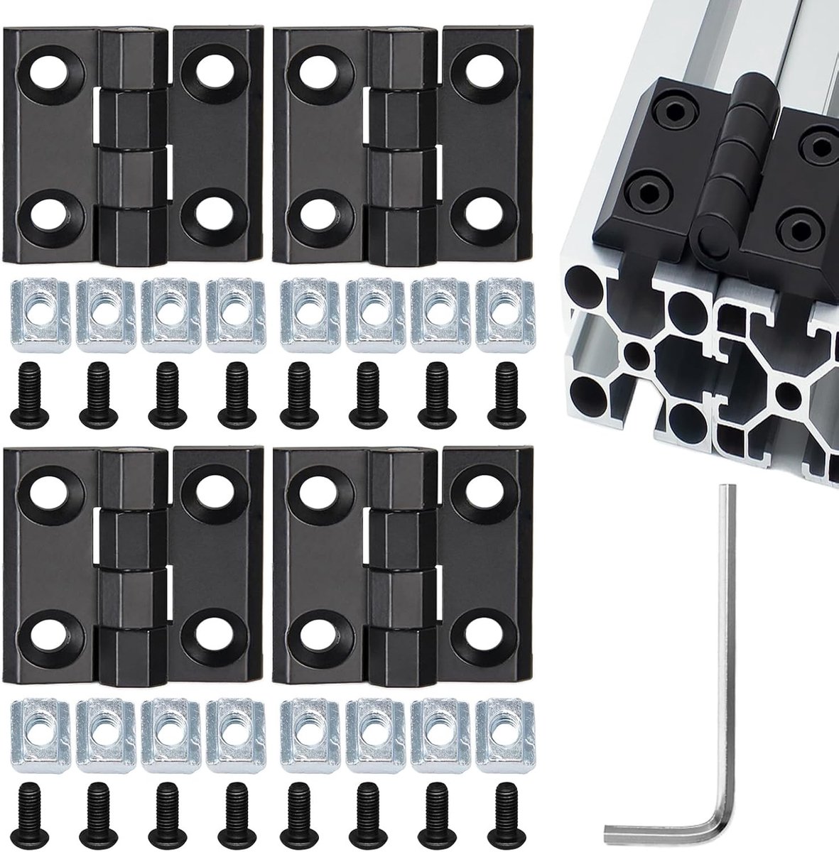 Set van 4 Zwarte M4 Flip Scharnieren voor Aluminium Profiel, Geschikt voor Vouwdeuren, DIY Kasten en Meubels met 6mm RVS Verbinding