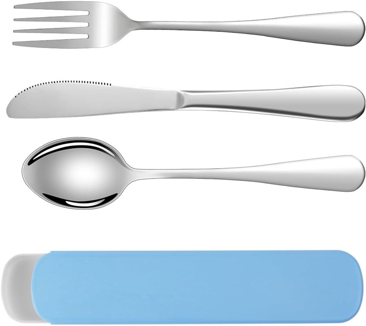 Herbruikbare Camping Bestekset, 3-delig RVS Bestek met Plastic Opbergdoos, Ideaal voor Buiten, Picknicks en Kantoor Lunches - Blauw