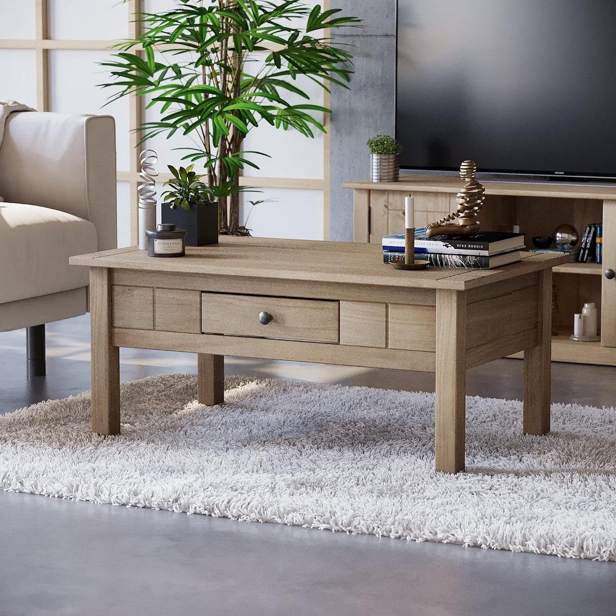 Salontafel met lade - Koffietafel - Woonkamer opruimen - Massief grenenhout - 100 x 60 cm - Naturel eiken