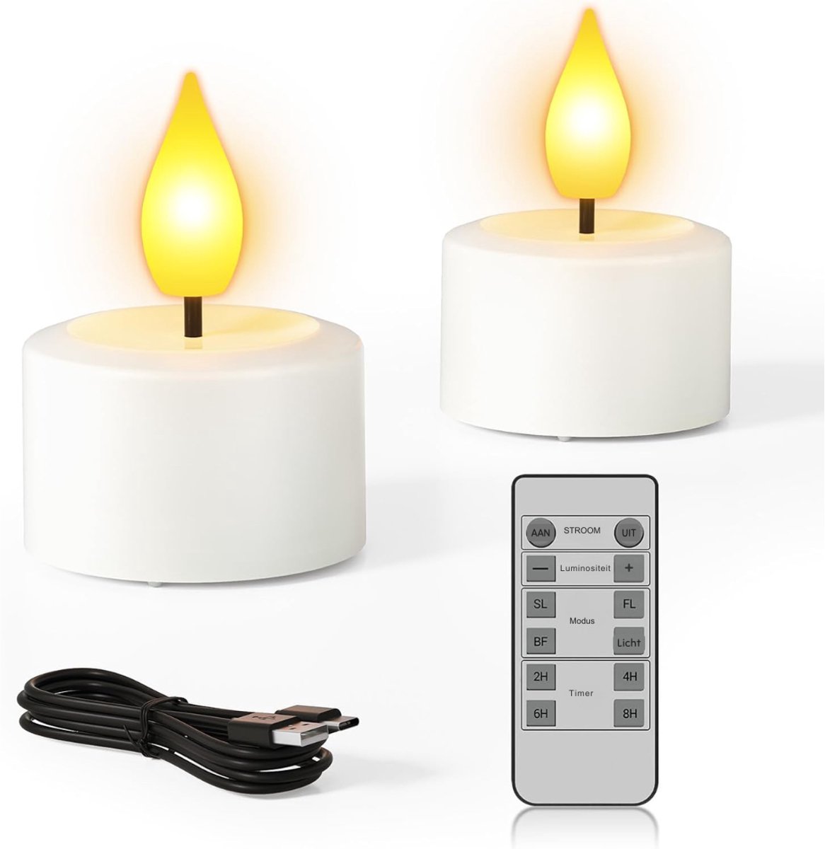 Lìon® Led Kaarsen Met Bewegende Vlam - Oplaadbare Waxinelichtjes - Oplaadbare Theelichtjes - Oplaadbare Kaarsen - Wit - 4cm x 4cm x 6cm