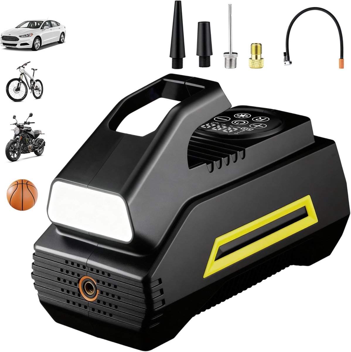 Draadloze bandenpomp, draagbare luchtcompressor, autobanden, oplaadbaar, USB-C met automatische stop, LCD-display, SOS-ledlicht voor auto, motorfiets, fiets, scooter