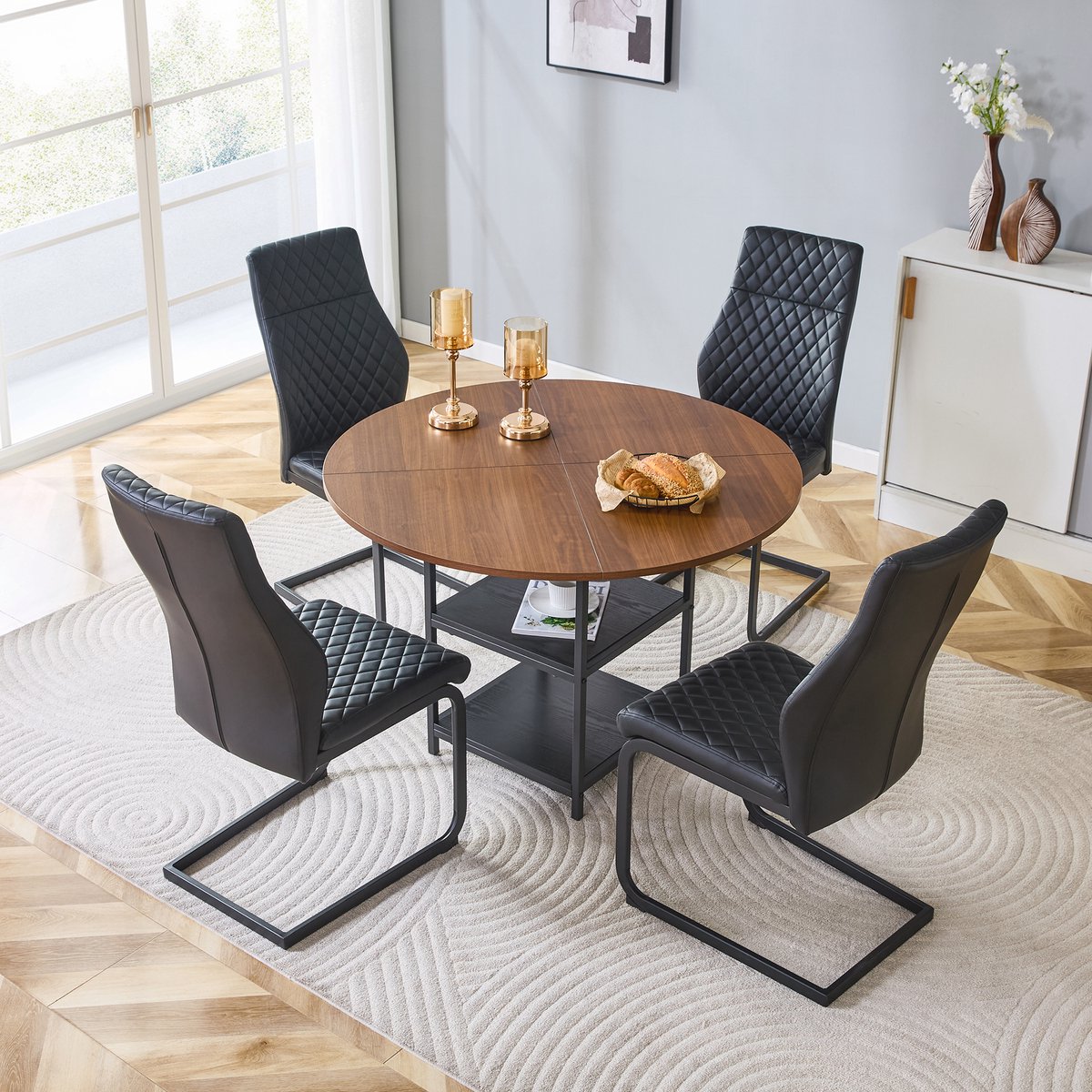 Wishdor Ronde eettafelset - 107 cm - 4 zwarte eetstoelen - Dubbel opbergniveau - Industrieel - Walnootkleur - MDF en metaal