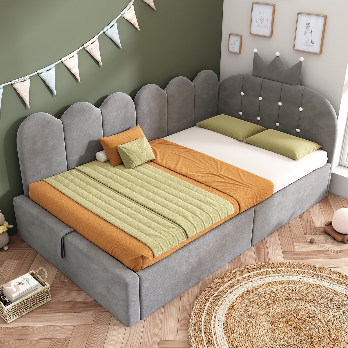 Wishdor Slaapbank 90x200 cm met opbergruimte - Hydraulisch daybed in velours met kroon- en rasterdesign - Grijs - Zonder matras - L-vormig en omkeerbaar