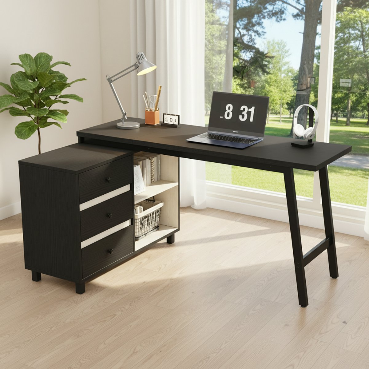 Wishdor L-vormig bureau - 3 lades en 2 open vakken - Modern design voor werk en studie - MDF en metaal - Stevige stalen poten - Zwart-wit - 150 x 100 x 76 cm