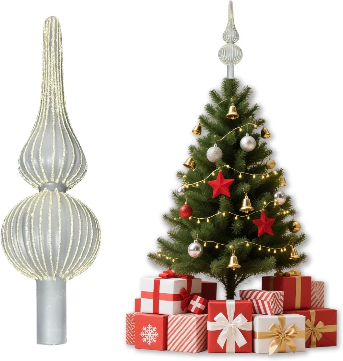 Glazen kerstboomtopper ster met glinsterend poeder, 7x26cm, zilveren ster voor kerstdecoratie en feestelijke versiering