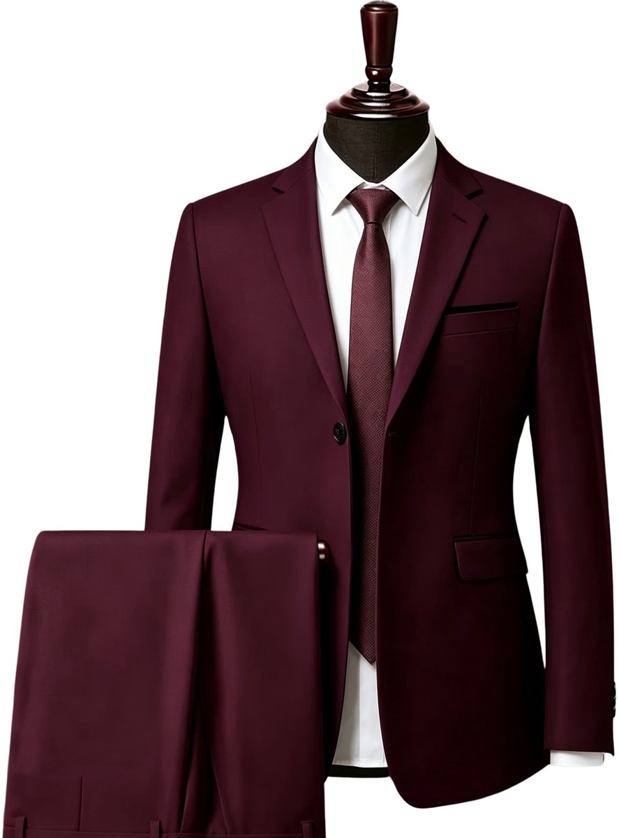 Currero 3 Delig Herenpak Met Overhemd - Suit 2 Delig - Tailored Fit Kostuum - Business Pak - Trouwpak - Smoking - Tuxedo Stijl - Bruiloft, Kantoor & Feest - Bordeauxrood XL