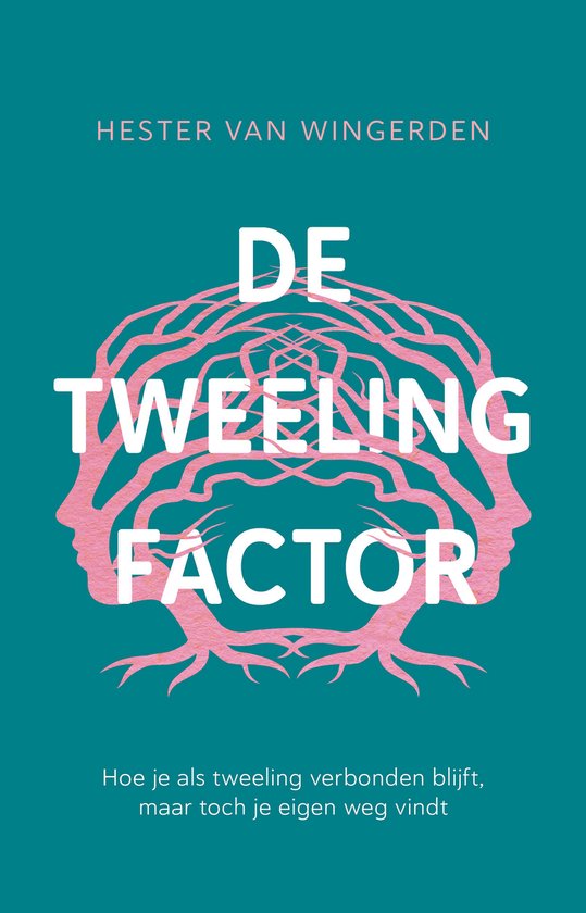 Boek "De tweelingfactor" met silhouetten van twee hoofden en een boom van gedachten.