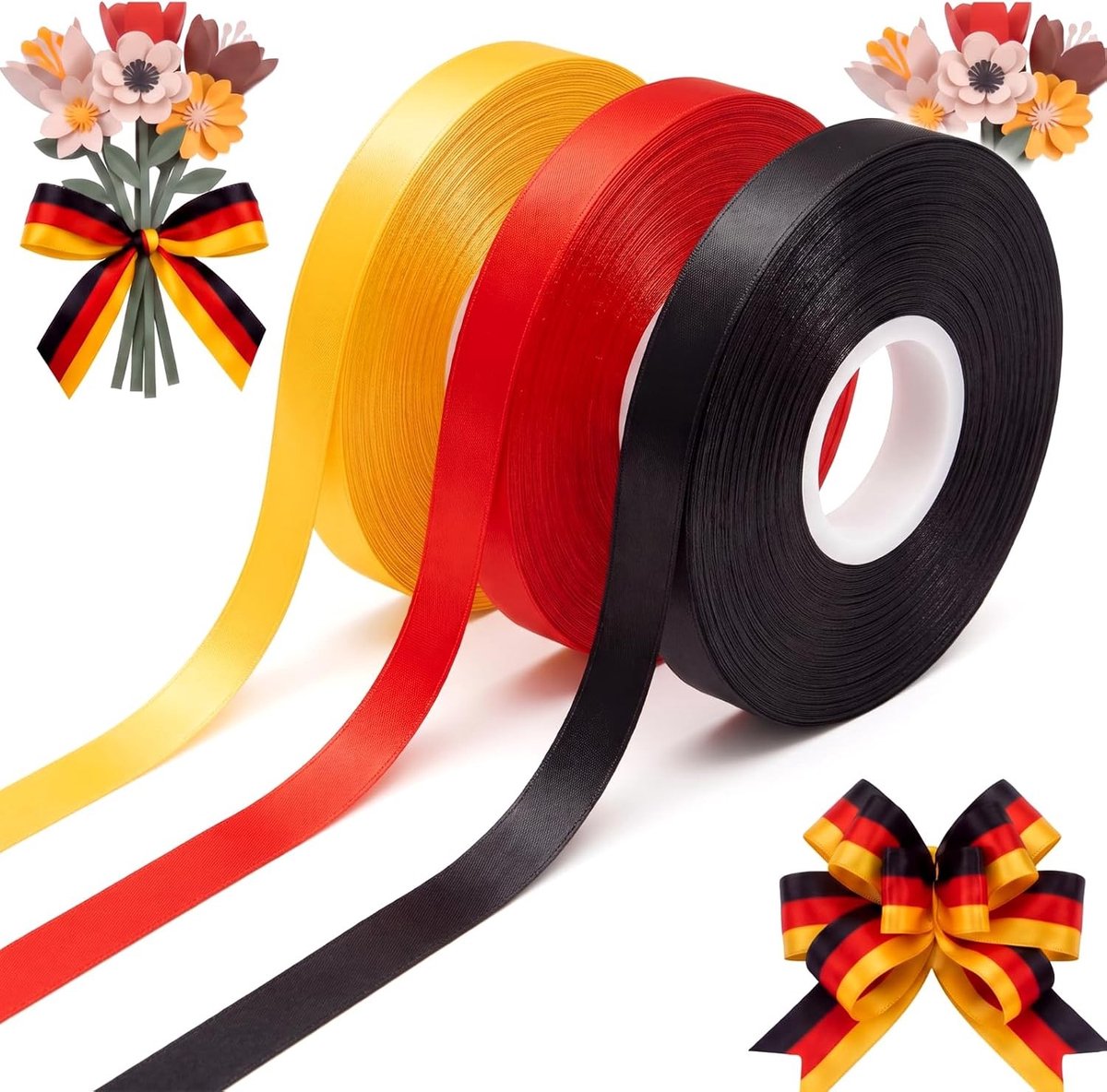3 Rollen Satijnen Lint 45 m x 9 mm in Zwart, Rood en Geel - Perfect voor Cadeaus, Feestdecoratie en DIY Projecten